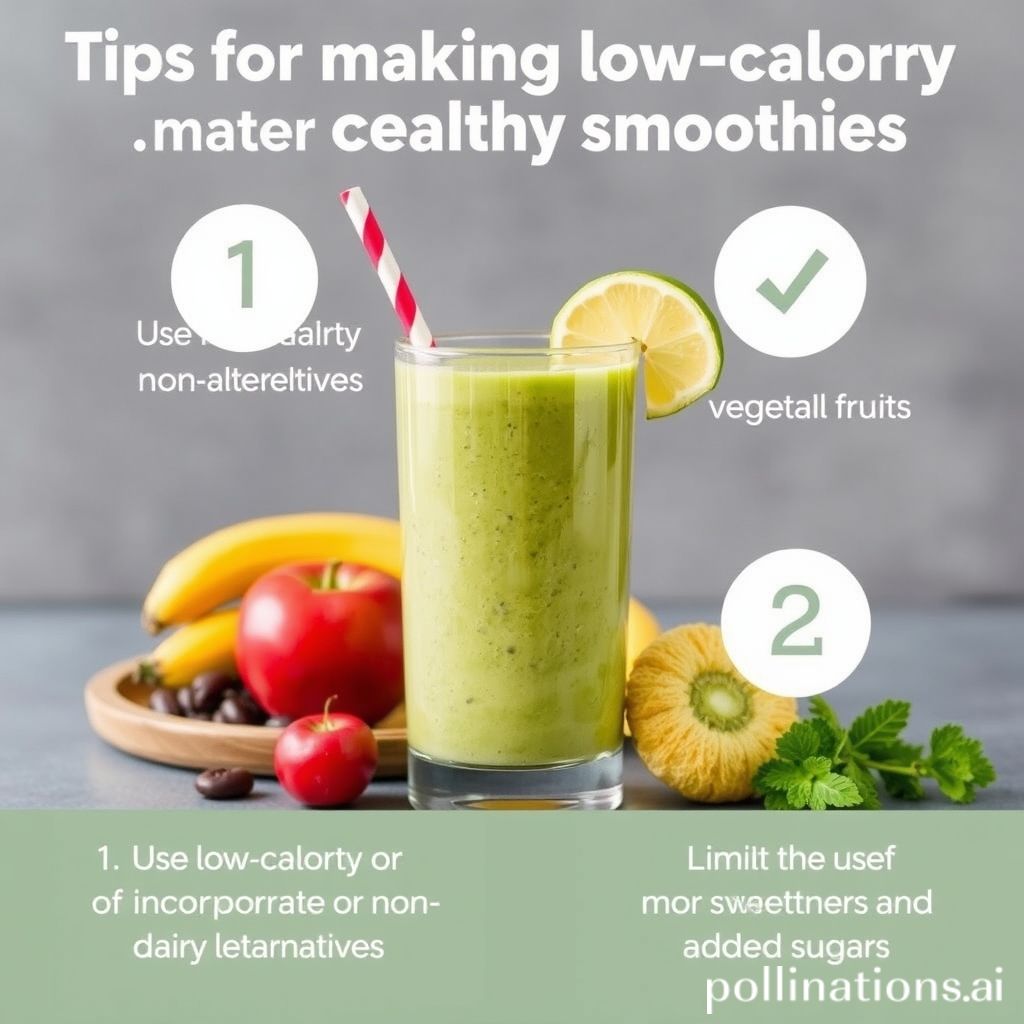 Tips for making low calorie healthy smoothies 1. Use low calorie or non dairy milk alternatives 2. Incorporate more vegetables than fruits 3